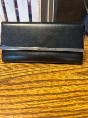 Guess Black Leather Clutch Wallet with Silver Bar Detail